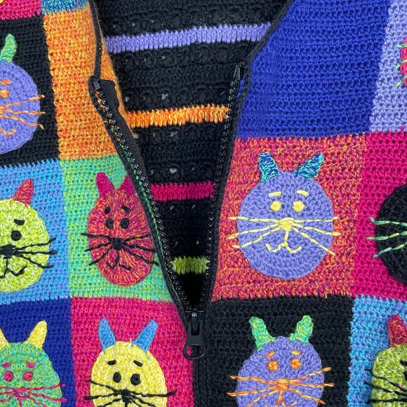 Vintage Y2K Susan Bristol Rainbow Cat Cats Crochet Embroidered Sweater Vest 2X - Picture 5 of 12